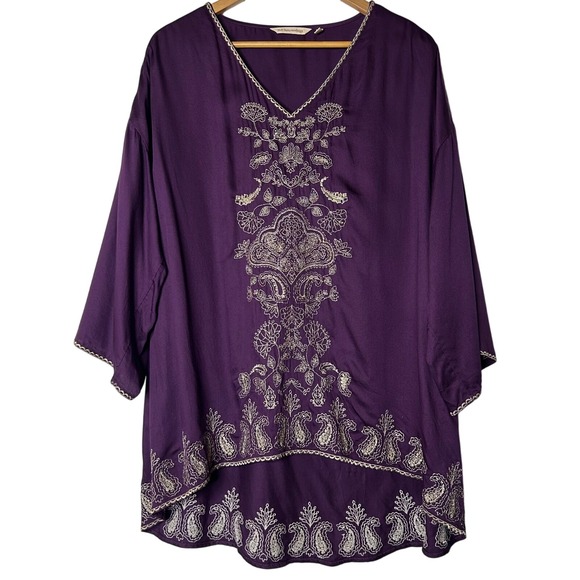 Soft Surroundings Tunic Top XL Embroidered Purple Paisley Bohemian Blouse Womens - Picture 1 of 8